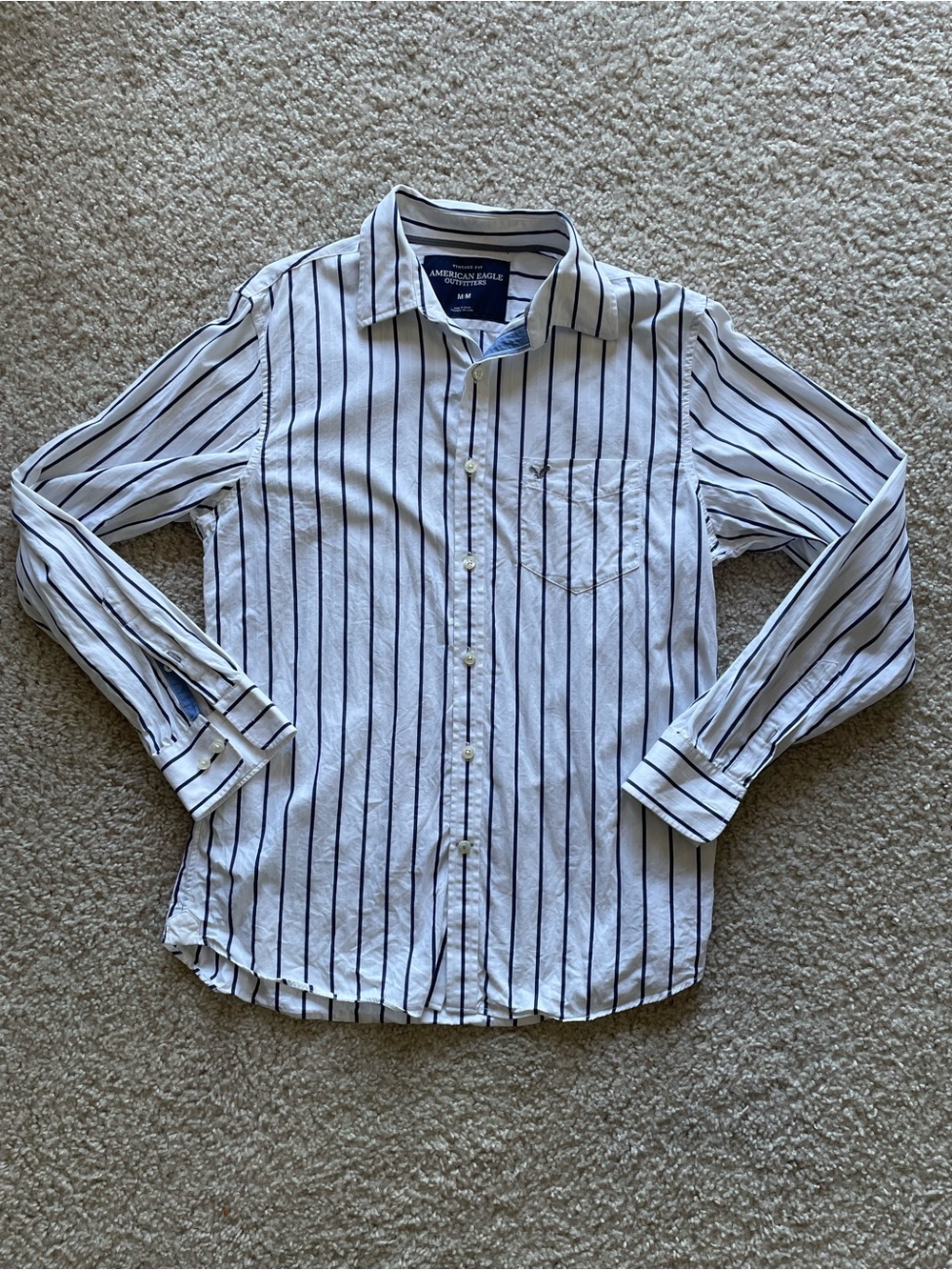 American Eagle Outfitters White Shirt with Navy Vertical Stripes